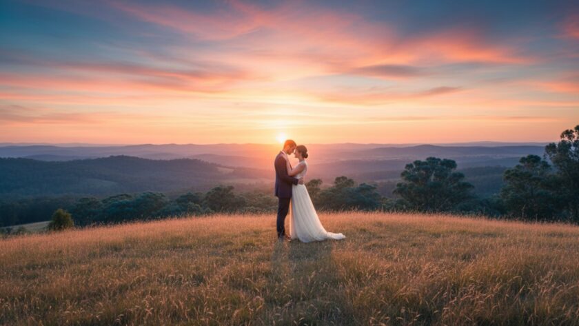 A newly engaged couple sharing an intimate, joyful moment during their Castella Victoria pre-wedding photoshoot amidst Yarra Ranges, bathed in golden hour light with rolling hills and distant mountains creating a breathtaking, cinematic backdrop.