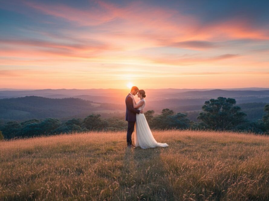 A newly engaged couple sharing an intimate, joyful moment during their Castella Victoria pre-wedding photoshoot amidst Yarra Ranges, bathed in golden hour light with rolling hills and distant mountains creating a breathtaking, cinematic backdrop.