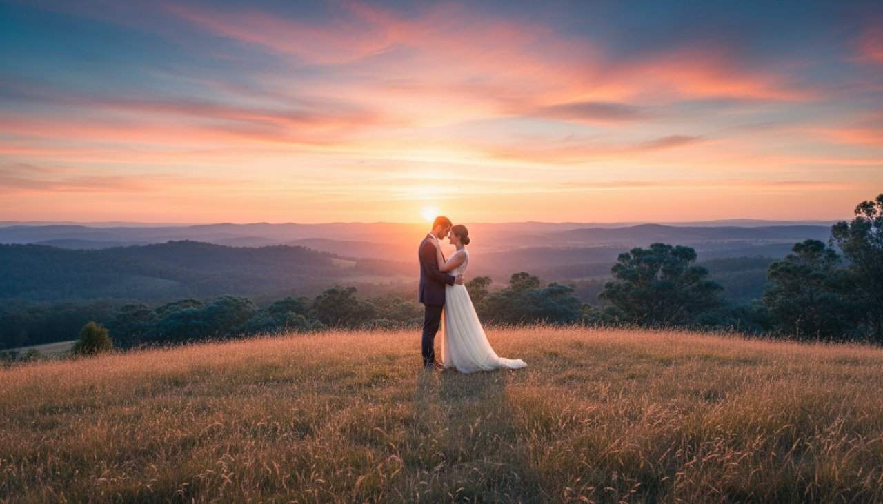 A newly engaged couple sharing an intimate, joyful moment during their Castella Victoria pre-wedding photoshoot amidst Yarra Ranges, bathed in golden hour light with rolling hills and distant mountains creating a breathtaking, cinematic backdrop.