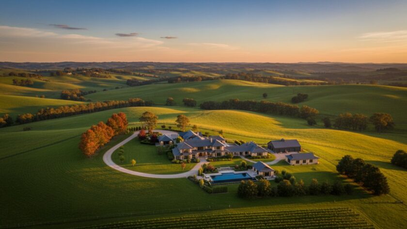 An expansive, golden hour aerial shot of a luxury rural estate nestled in the rolling hills of Castella, Victoria, showcasing the property's grandeur with expert Castella Victoria real estate photography for luxury rural listings.