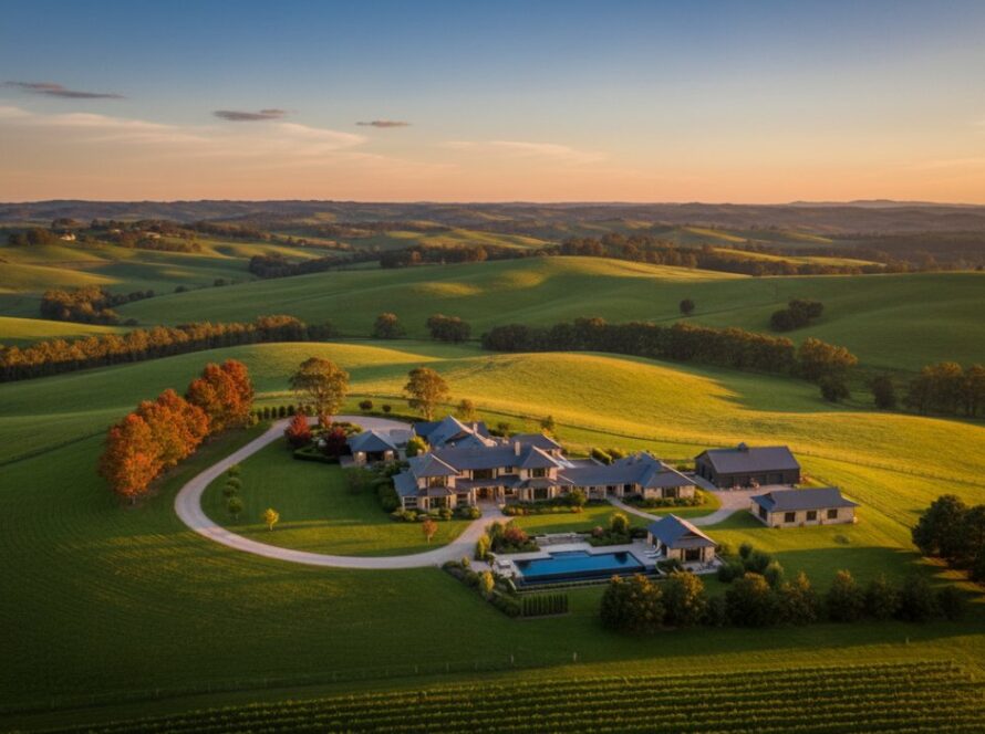 An expansive, golden hour aerial shot of a luxury rural estate nestled in the rolling hills of Castella, Victoria, showcasing the property's grandeur with expert Castella Victoria real estate photography for luxury rural listings.
