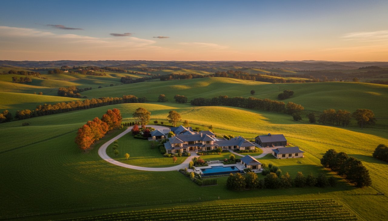 An expansive, golden hour aerial shot of a luxury rural estate nestled in the rolling hills of Castella, Victoria, showcasing the property's grandeur with expert Castella Victoria real estate photography for luxury rural listings.