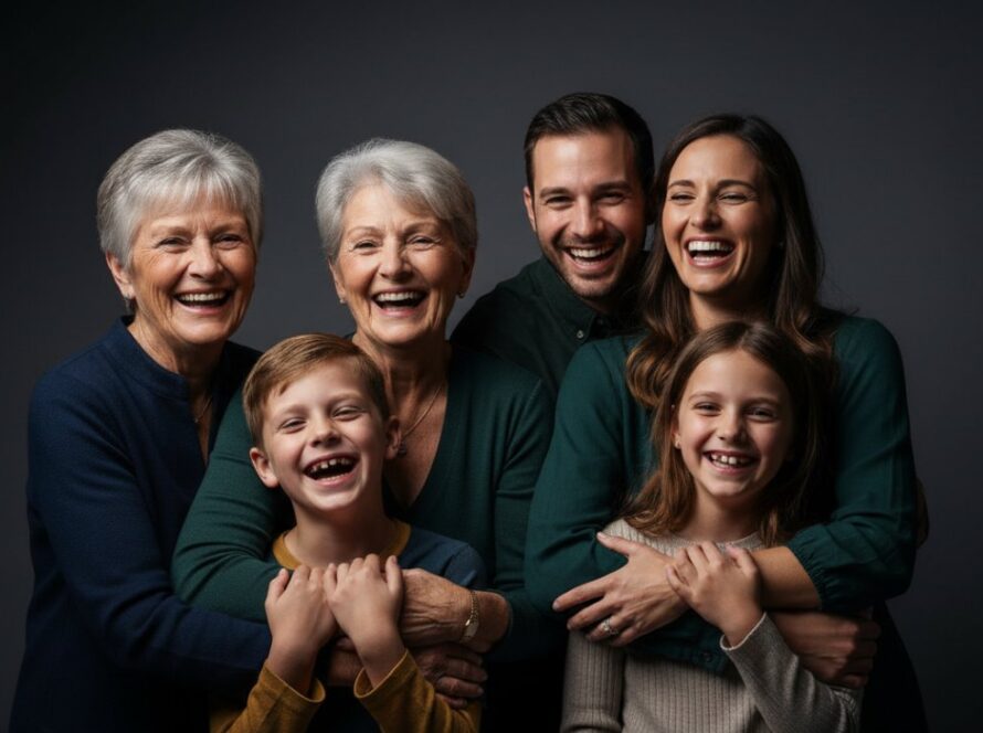 An epic moment captured during a Castella Victoria studio portrait photography experience, showing a family laughing joyfully, bathed in soft, professional studio lighting against a sophisticated dark backdrop.