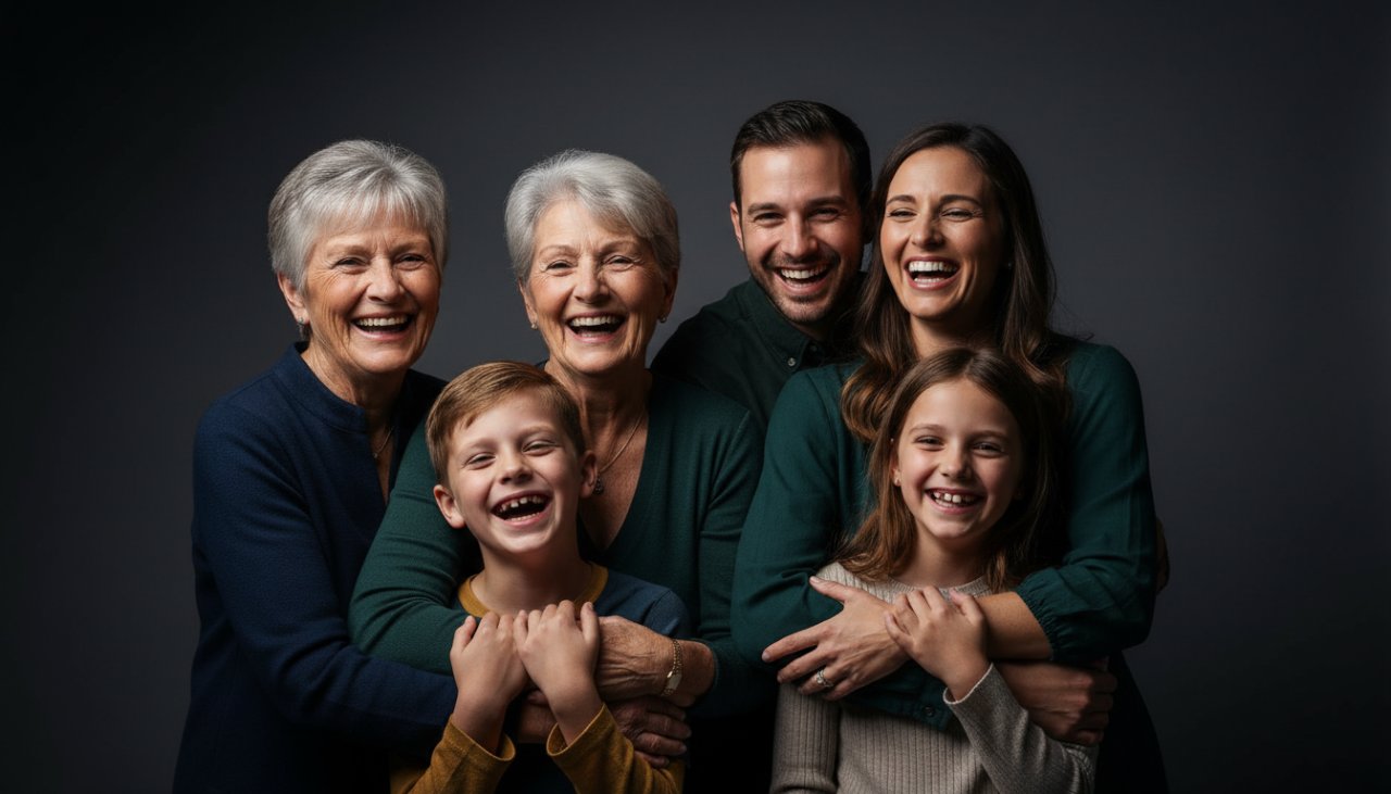 An epic moment captured during a Castella Victoria studio portrait photography experience, showing a family laughing joyfully, bathed in soft, professional studio lighting against a sophisticated dark backdrop.