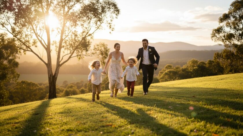 Cherished family memories Launching Victoria photos: A joyful family embraces amidst golden hour light in a scenic Launching park, laughter visible, capturing an epic, tender moment of connection.