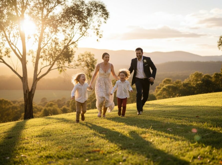 Cherished family memories Launching Victoria photos: A joyful family embraces amidst golden hour light in a scenic Launching park, laughter visible, capturing an epic, tender moment of connection.
