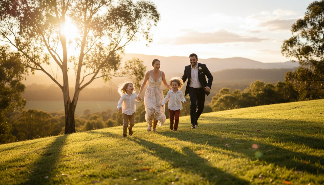 Cherished family memories Launching Victoria photos: A joyful family embraces amidst golden hour light in a scenic Launching park, laughter visible, capturing an epic, tender moment of connection.