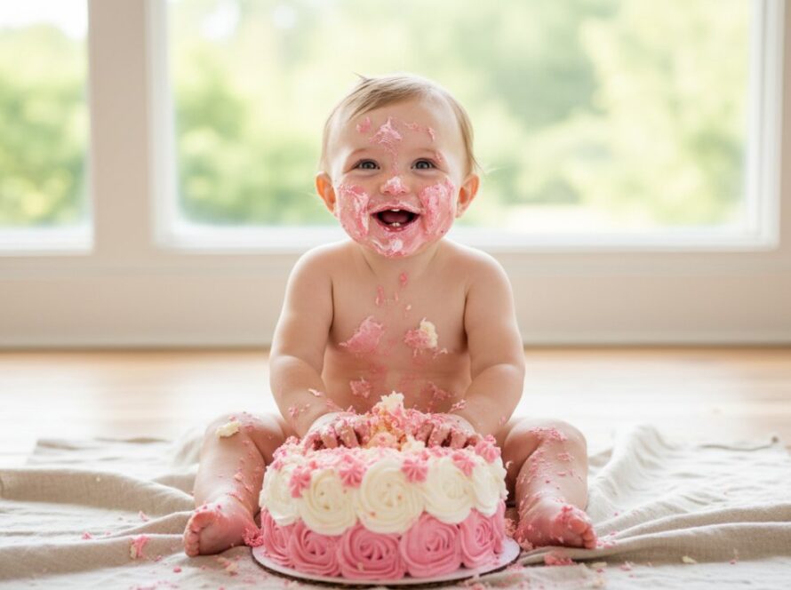 A close-up, joyful photograph capturing a baby's pure delight during a cherished first birthday cake smash Montrose Victoria, with frosting smeared on their face and hands, set against a whimsical backdrop.