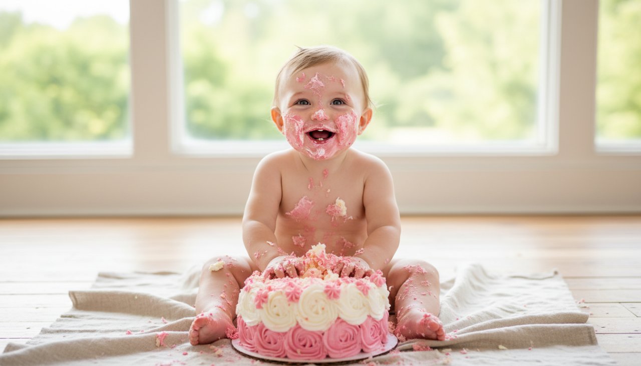 A close-up, joyful photograph capturing a baby's pure delight during a cherished first birthday cake smash Montrose Victoria, with frosting smeared on their face and hands, set against a whimsical backdrop.