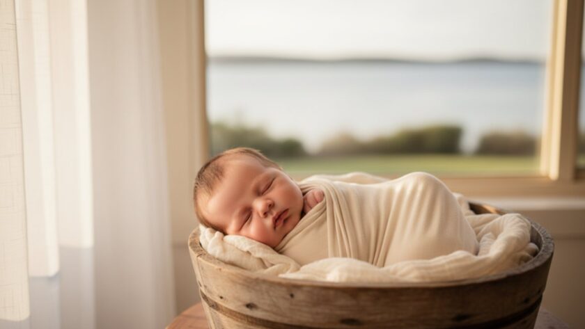 A breathtaking, artistic photograph captured during a cherished newborn photography Hastings VIC session, showing a tiny baby nestled peacefully in soft, natural light, with a hint of the serene Mornington Peninsula landscape subtly blurred in the background, symbolising new beginnings.