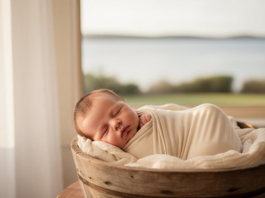 A breathtaking, artistic photograph captured during a cherished newborn photography Hastings VIC session, showing a tiny baby nestled peacefully in soft, natural light, with a hint of the serene Mornington Peninsula landscape subtly blurred in the background, symbolising new beginnings.