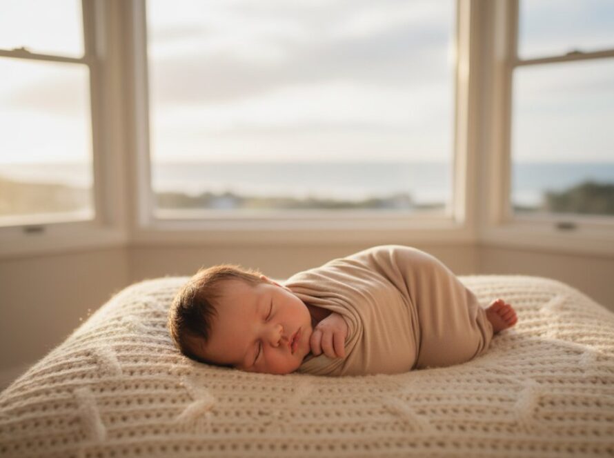 A serene wide shot of a baby gently swaddled, sleeping peacefully in a rustic wooden cot near a window, with soft, golden hour natural light streaming in, highlighting the tender scene. This Cherished Newborn Photography Hastings Victoria image captures a timeless, intimate moment.