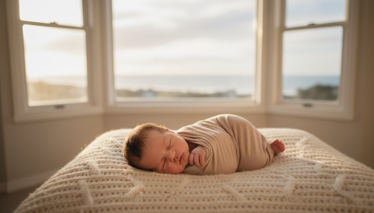 A serene wide shot of a baby gently swaddled, sleeping peacefully in a rustic wooden cot near a window, with soft, golden hour natural light streaming in, highlighting the tender scene. This Cherished Newborn Photography Hastings Victoria image captures a timeless, intimate moment.