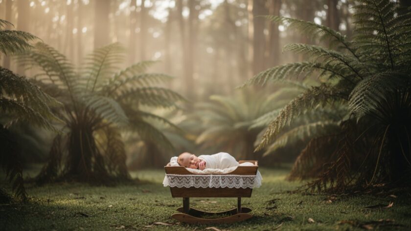An intimate, beautifully lit portrait of a sleeping newborn baby nestled in a soft, knitted blanket with a subtle, artistic bokeh background of the Dandenong Ranges, capturing a cherished newborn photography Mount Dandenong Victoria moment.