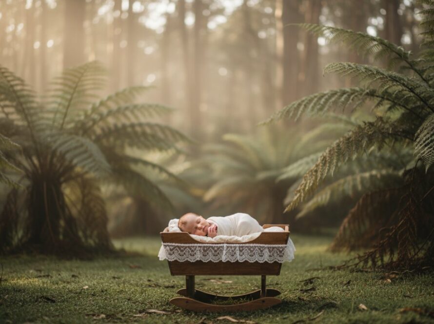 An intimate, beautifully lit portrait of a sleeping newborn baby nestled in a soft, knitted blanket with a subtle, artistic bokeh background of the Dandenong Ranges, capturing a cherished newborn photography Mount Dandenong Victoria moment.
