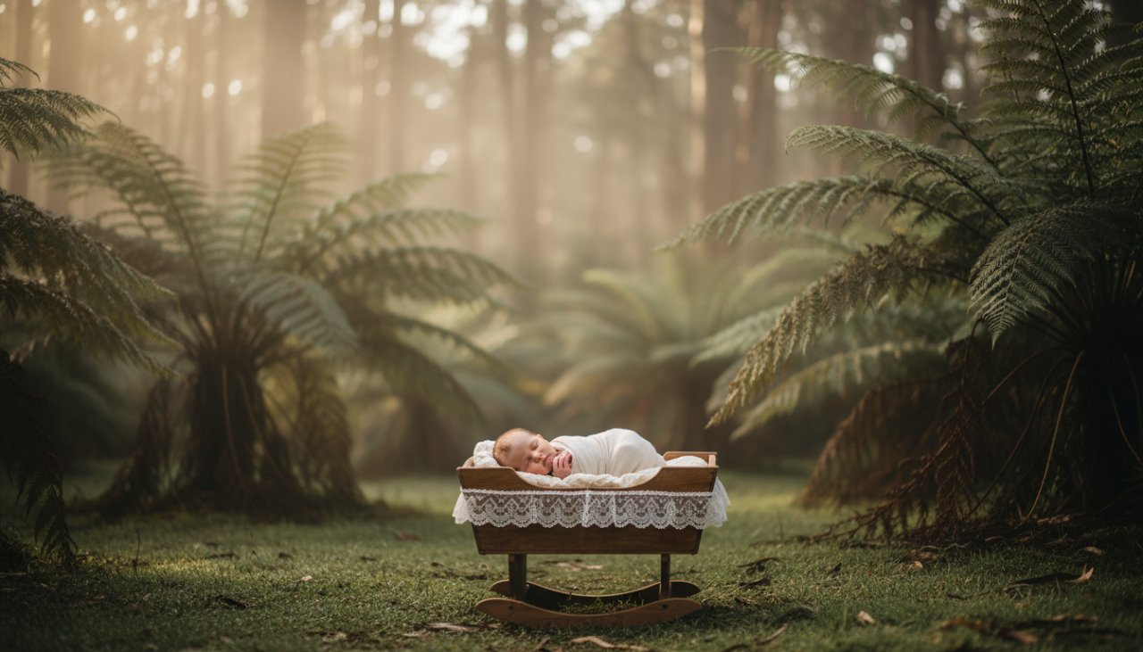 An intimate, beautifully lit portrait of a sleeping newborn baby nestled in a soft, knitted blanket with a subtle, artistic bokeh background of the Dandenong Ranges, capturing a cherished newborn photography Mount Dandenong Victoria moment.