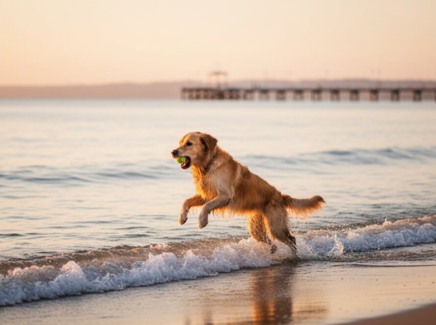 A golden retriever joyfully leaping through shallow waves at Rye Front Beach during sunset, capturing cherished pet photography Rye Victoria experiences, with the vibrant sky reflecting in the water.