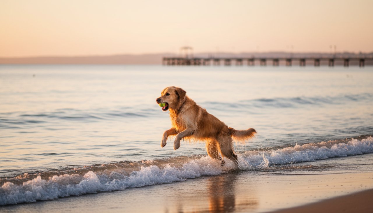 A golden retriever joyfully leaping through shallow waves at Rye Front Beach during sunset, capturing cherished pet photography Rye Victoria experiences, with the vibrant sky reflecting in the water.