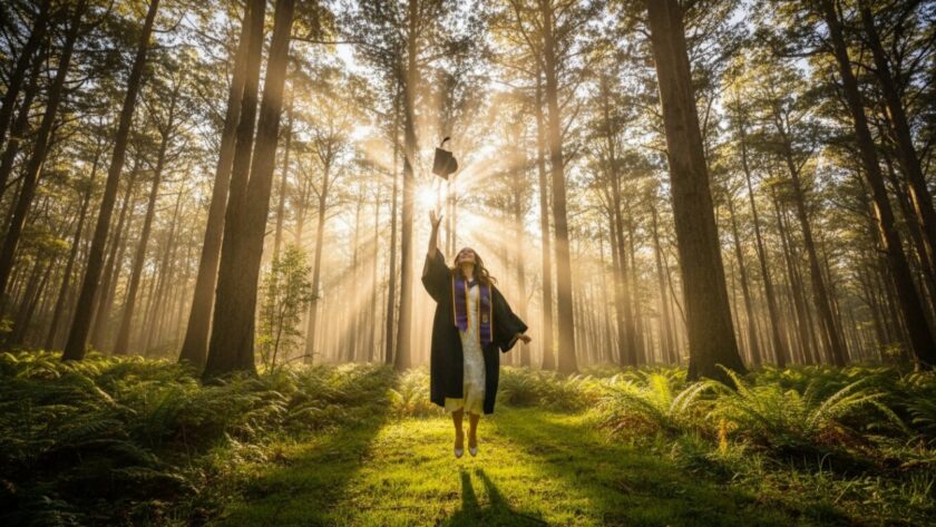 A jubilant graduate, cap in air, celebrating their success amidst the lush, sun-dappled fern gullies of Sherbrooke, Victoria, with a proud, beaming smile – perfect for cherished Sherbrooke graduation photos Victoria.