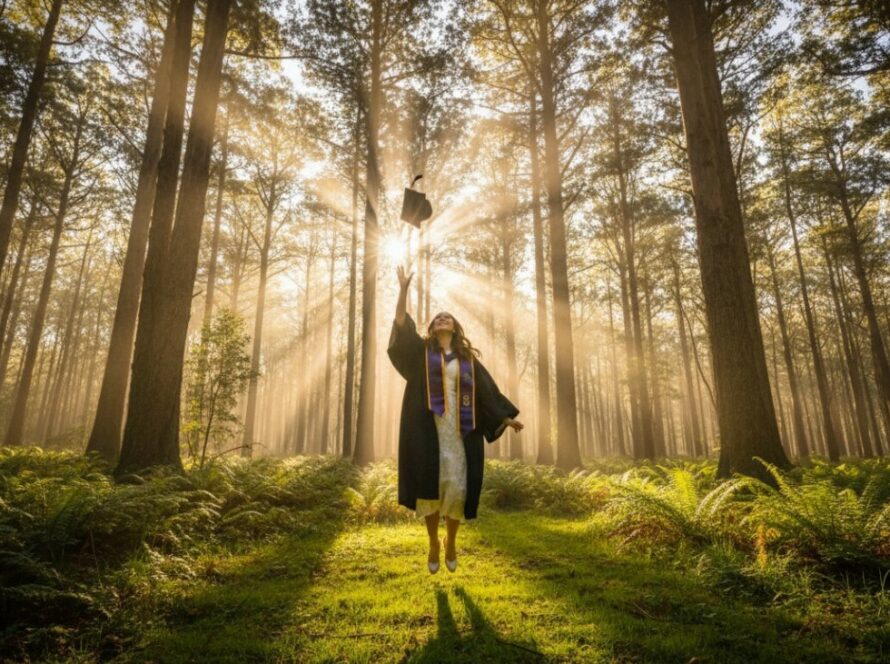 A jubilant graduate, cap in air, celebrating their success amidst the lush, sun-dappled fern gullies of Sherbrooke, Victoria, with a proud, beaming smile – perfect for cherished Sherbrooke graduation photos Victoria.
