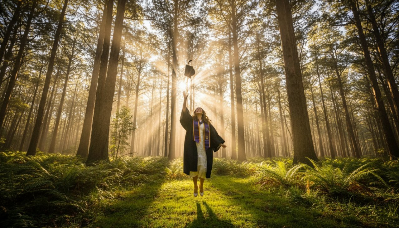 A jubilant graduate, cap in air, celebrating their success amidst the lush, sun-dappled fern gullies of Sherbrooke, Victoria, with a proud, beaming smile – perfect for cherished Sherbrooke graduation photos Victoria.
