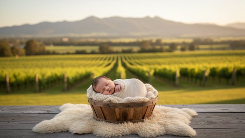 A serene, cinematic 'epic moment' photograph capturing cherished Yarra Glen newborn photography moments: A tender close-up of a sleeping newborn baby swaddled in soft organic fabric, nestled safely in a rustic wooden basket adorned with native Australian flora like eucalyptus leaves and wattle, set against a softly blurred backdrop of the rolling vineyards and distant Dandenong Ranges at golden hour in Yarra Glen, Victoria, evoking warmth and new beginnings.