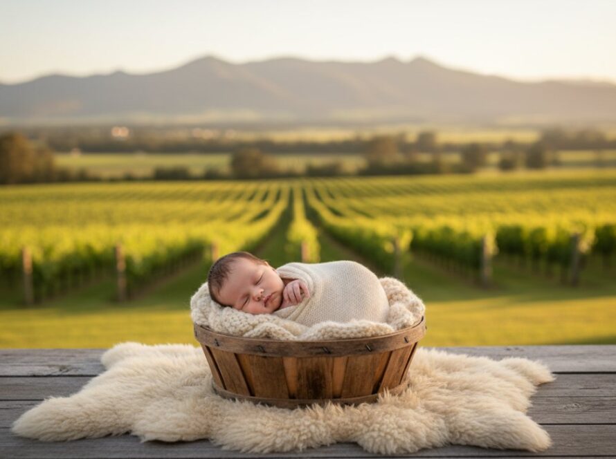 A serene, cinematic 'epic moment' photograph capturing cherished Yarra Glen newborn photography moments: A tender close-up of a sleeping newborn baby swaddled in soft organic fabric, nestled safely in a rustic wooden basket adorned with native Australian flora like eucalyptus leaves and wattle, set against a softly blurred backdrop of the rolling vineyards and distant Dandenong Ranges at golden hour in Yarra Glen, Victoria, evoking warmth and new beginnings.