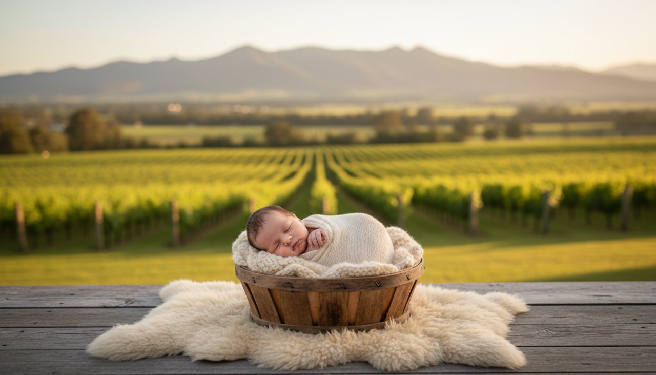 A serene, cinematic 'epic moment' photograph capturing cherished Yarra Glen newborn photography moments: A tender close-up of a sleeping newborn baby swaddled in soft organic fabric, nestled safely in a rustic wooden basket adorned with native Australian flora like eucalyptus leaves and wattle, set against a softly blurred backdrop of the rolling vineyards and distant Dandenong Ranges at golden hour in Yarra Glen, Victoria, evoking warmth and new beginnings.