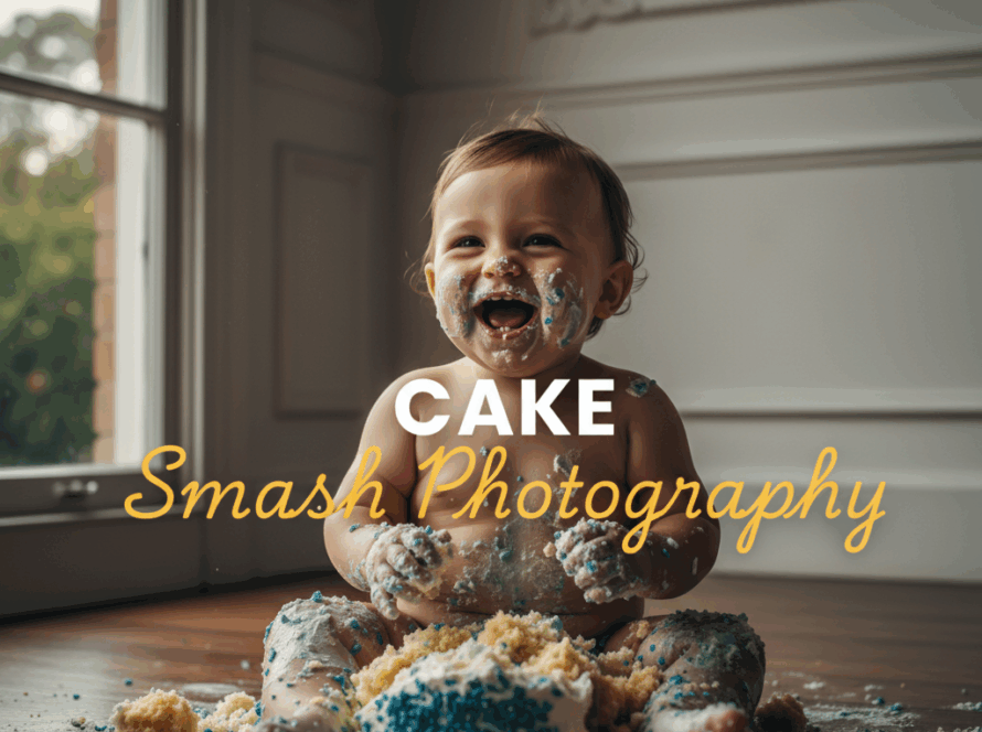 A moody 'Street Photography' style image capturing a baby mid-smash, laughing joyfully amidst scattered cake and colourful balloons in a sun-dappled Chirnside Park garden setting, illustrating a Chirnside Park cake smash photography joyous celebration.