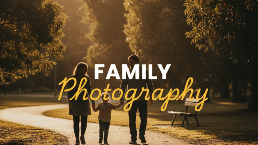 A moody, cinematic street photography style image of a happy family, parents holding a child, walking hand-in-hand through a sun-drenched park in Chirnside Park, creating Chirnside Park family photo memories. The image has a golden hour glow, with the title 'FAMILY PHOTOGRAPHY' overlaid in two tiers.