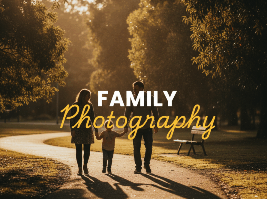 A moody, cinematic street photography style image of a happy family, parents holding a child, walking hand-in-hand through a sun-drenched park in Chirnside Park, creating Chirnside Park family photo memories. The image has a golden hour glow, with the title 'FAMILY PHOTOGRAPHY' overlaid in two tiers.