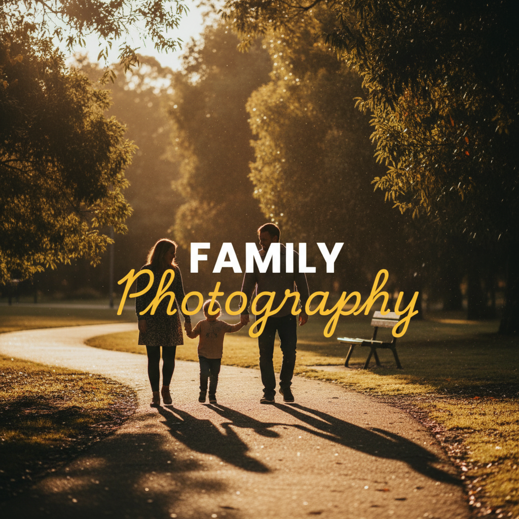 A moody, cinematic street photography style image of a happy family, parents holding a child, walking hand-in-hand through a sun-drenched park in Chirnside Park, creating Chirnside Park family photo memories. The image has a golden hour glow, with the title 'FAMILY PHOTOGRAPHY' overlaid in two tiers.