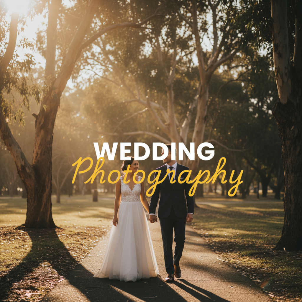 A moody, cinematic street photography style image showing a newlywed couple embracing under a tree in a park in Chirnside Park, bathed in golden hour light, with the text overlay 'WEDDING PHOTOGRAPHY'.