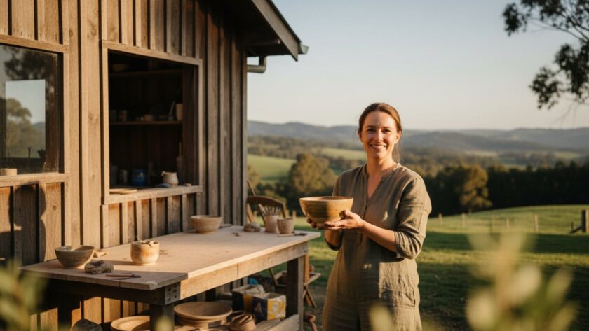 A small business owner in Chum Creek, bathed in golden hour light, passionately discussing her handmade products, captured with Chum Creek authentic branding photography storytelling, conveying dedication and local charm.
