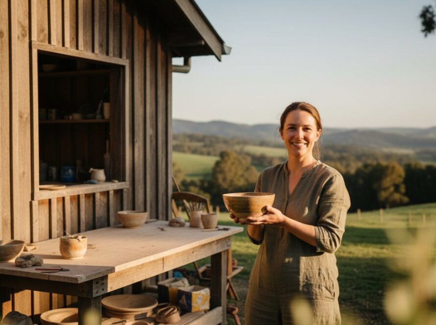 A small business owner in Chum Creek, bathed in golden hour light, passionately discussing her handmade products, captured with Chum Creek authentic branding photography storytelling, conveying dedication and local charm.