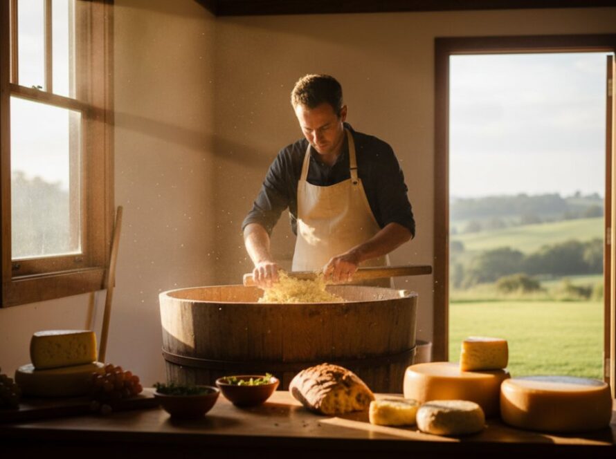 An epic wide-angle shot of a vibrant local artisan's workshop in Chum Creek, Victoria, bathed in warm afternoon sunlight, showcasing their intricate craft with dynamic motion blur around a focused hand, embodying expert Chum Creek Commercial Photography.