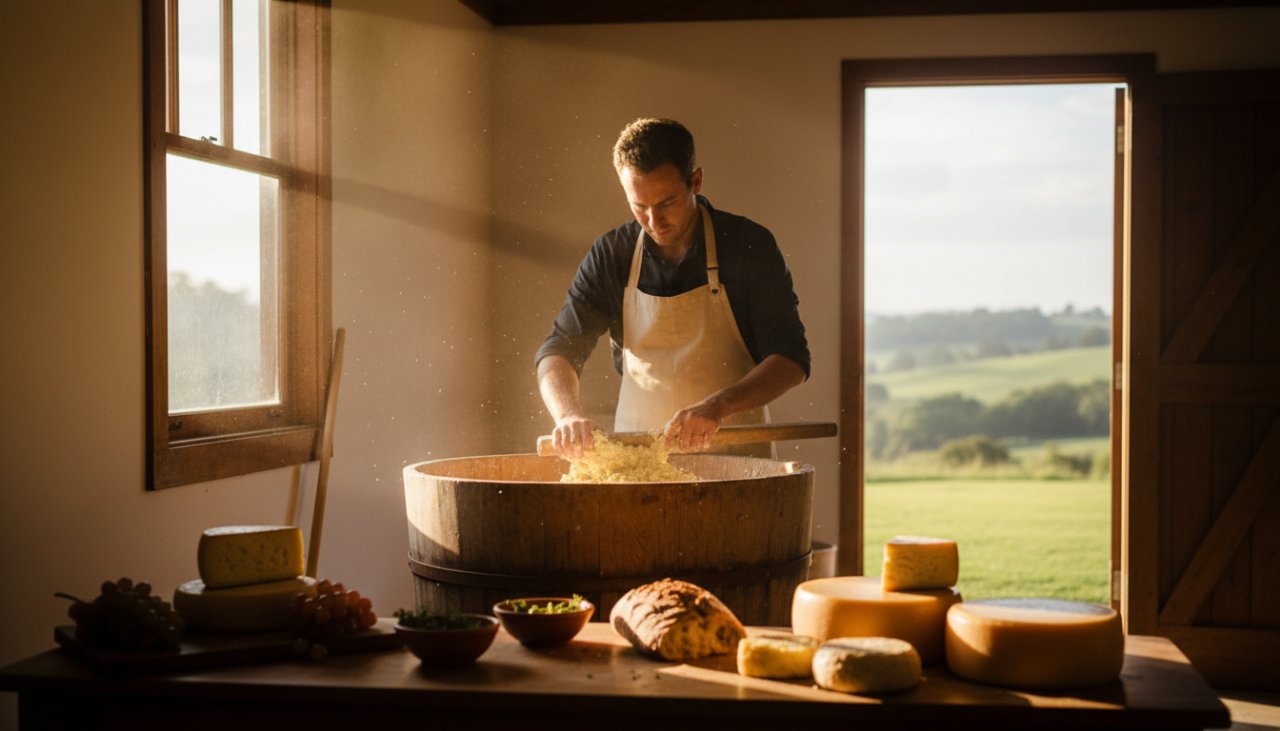 An epic wide-angle shot of a vibrant local artisan's workshop in Chum Creek, Victoria, bathed in warm afternoon sunlight, showcasing their intricate craft with dynamic motion blur around a focused hand, embodying expert Chum Creek Commercial Photography.