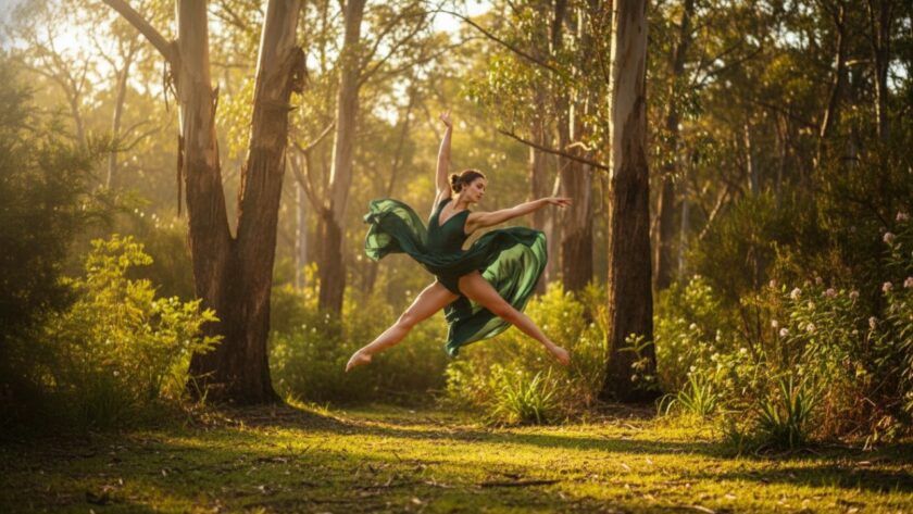 A powerful, epic moment captured in Chum Creek Dance Photography Grace in Nature, featuring a dancer mid-leap against a sun-drenched, lush Victorian bushland backdrop, showcasing fluid movement and raw emotion.