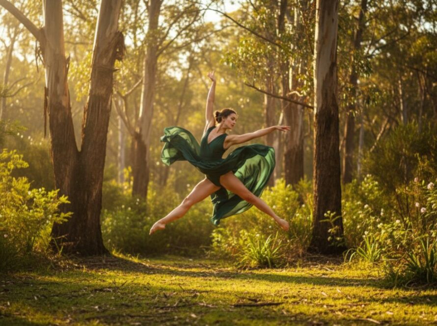 A powerful, epic moment captured in Chum Creek Dance Photography Grace in Nature, featuring a dancer mid-leap against a sun-drenched, lush Victorian bushland backdrop, showcasing fluid movement and raw emotion.