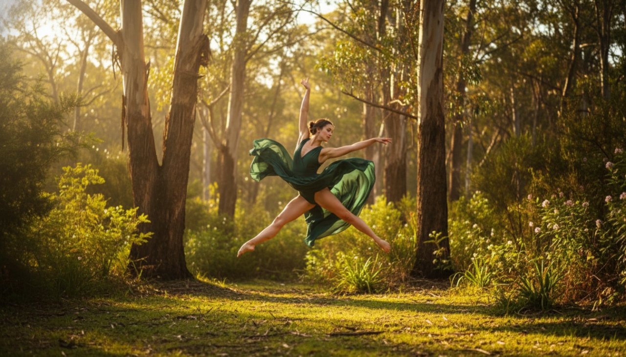 A powerful, epic moment captured in Chum Creek Dance Photography Grace in Nature, featuring a dancer mid-leap against a sun-drenched, lush Victorian bushland backdrop, showcasing fluid movement and raw emotion.