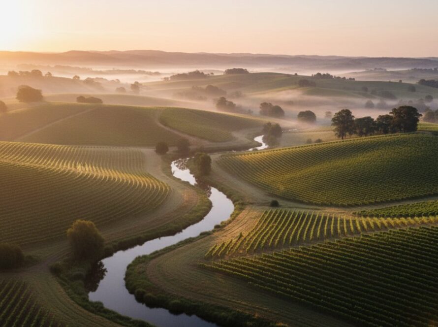 An epic drone shot capturing the lush, rolling hills and vineyards of Chum Creek in the Yarra Valley at sunrise, with a misty river winding through the landscape, showcasing the breathtaking beauty that "Chum Creek Drone Photography: Yarra Valley Views" can achieve.