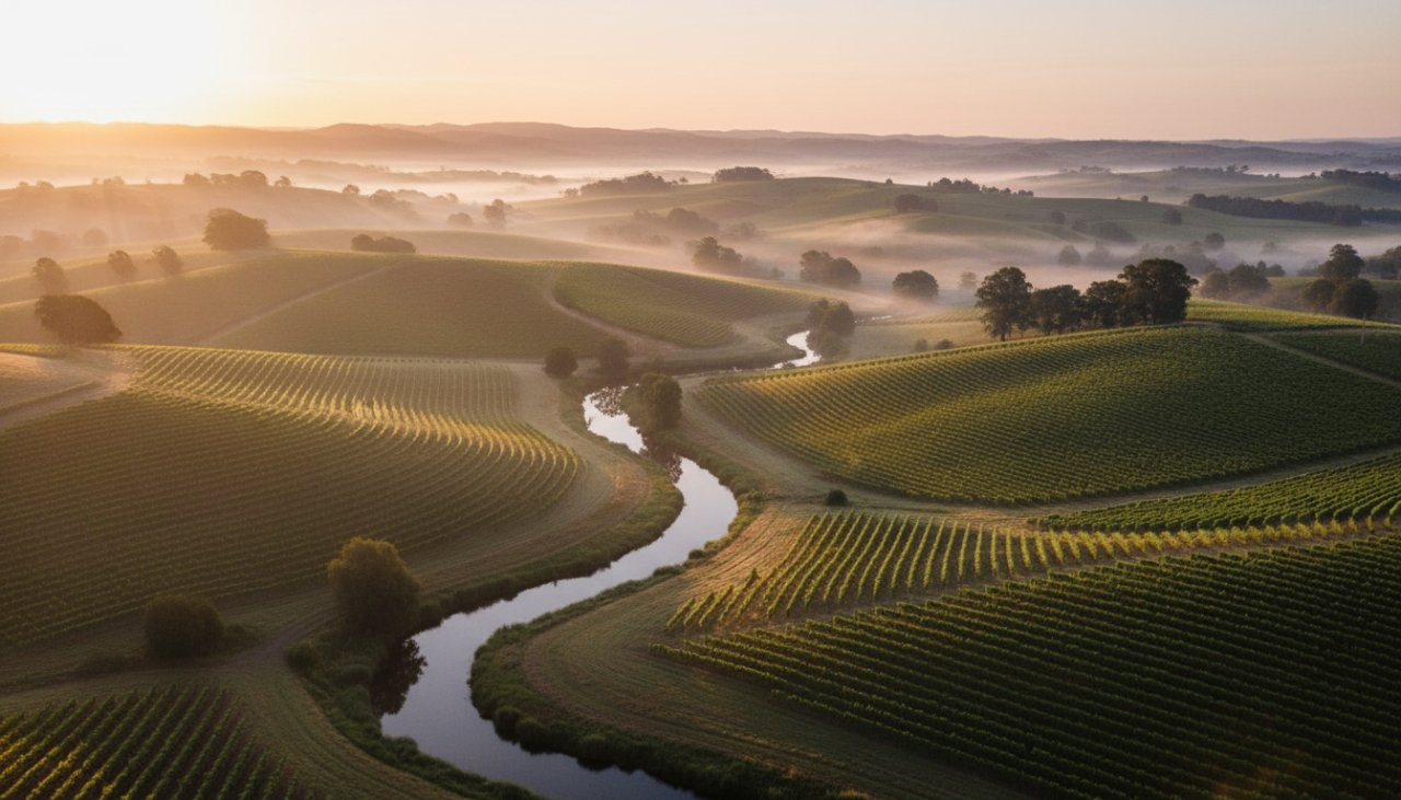 An epic drone shot capturing the lush, rolling hills and vineyards of Chum Creek in the Yarra Valley at sunrise, with a misty river winding through the landscape, showcasing the breathtaking beauty that "Chum Creek Drone Photography: Yarra Valley Views" can achieve.