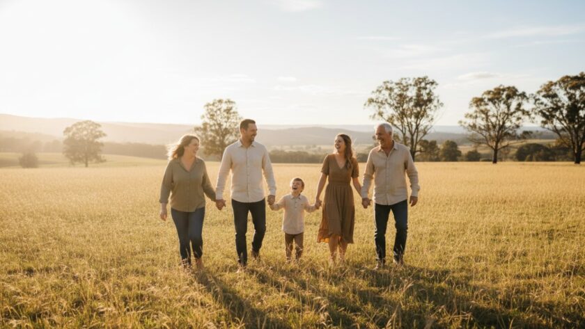 An 'epic moment' photograph of a family laughing joyfully amidst the lush, golden fields of Chum Creek, Victoria, bathed in warm, late afternoon sun, embodying authentic Chum Creek family photography capturing genuine joy.