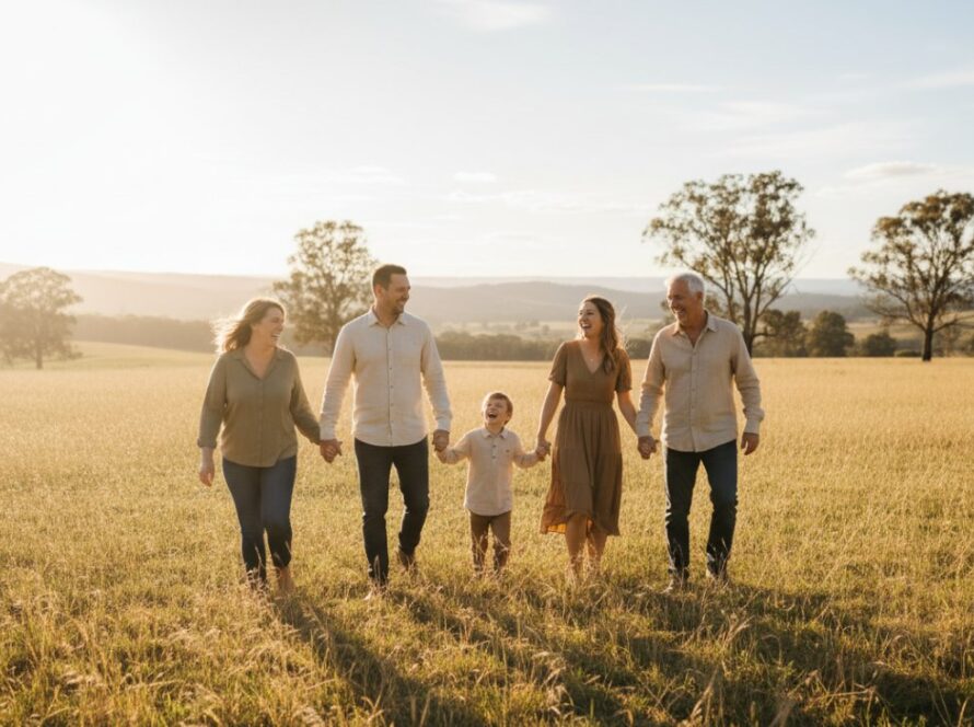An 'epic moment' photograph of a family laughing joyfully amidst the lush, golden fields of Chum Creek, Victoria, bathed in warm, late afternoon sun, embodying authentic Chum Creek family photography capturing genuine joy.