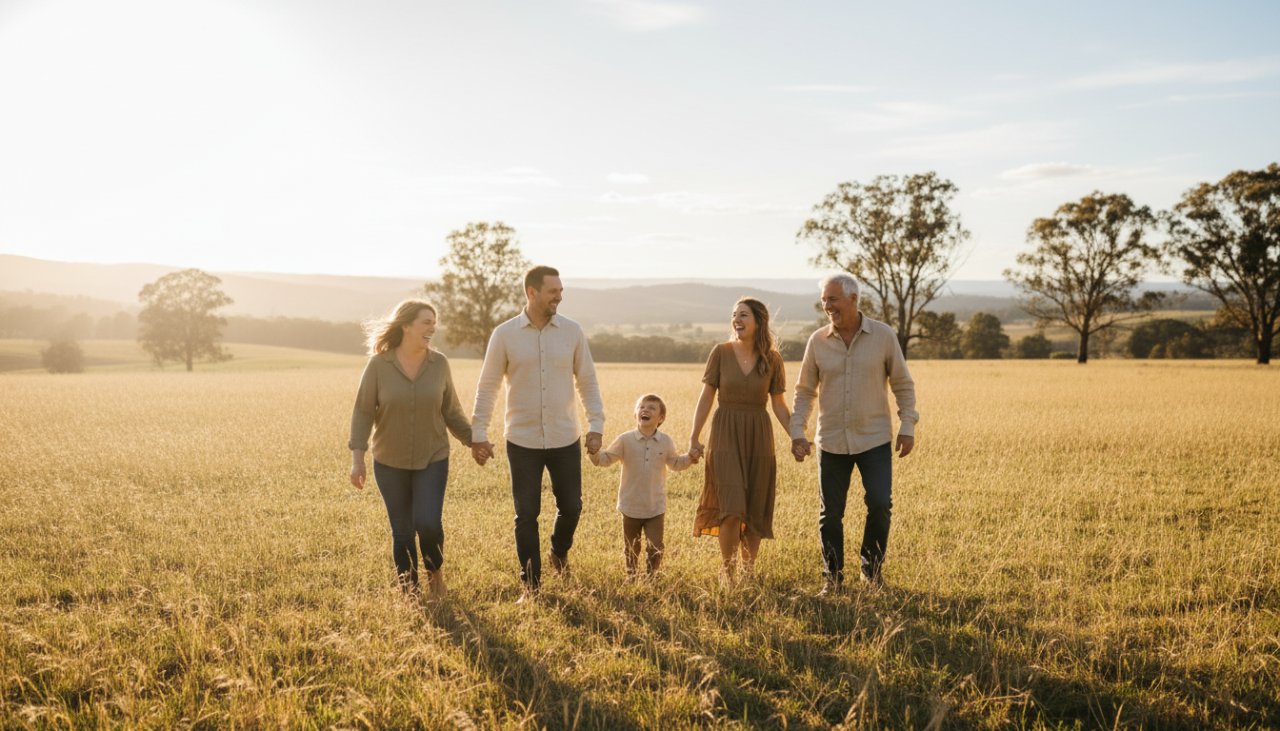 An 'epic moment' photograph of a family laughing joyfully amidst the lush, golden fields of Chum Creek, Victoria, bathed in warm, late afternoon sun, embodying authentic Chum Creek family photography capturing genuine joy.