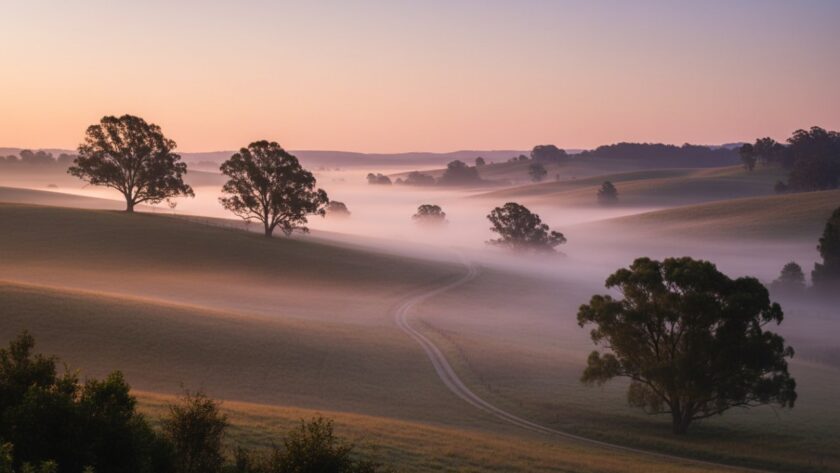 Dramatic aerial shot capturing the mist-shrouded rolling hills of Chum Creek at sunrise, showcasing the ethereal beauty perfect for Chum Creek Fine Art Landscapes Melbourne collections.