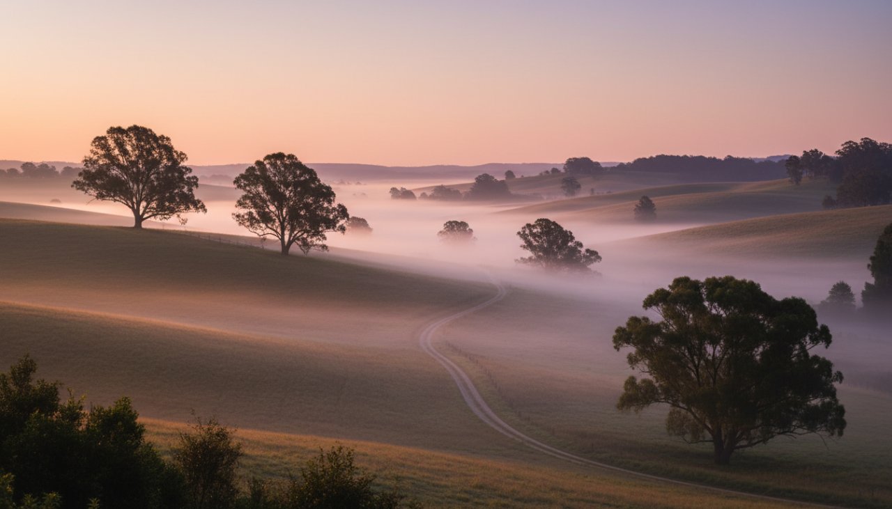 Dramatic aerial shot capturing the mist-shrouded rolling hills of Chum Creek at sunrise, showcasing the ethereal beauty perfect for Chum Creek Fine Art Landscapes Melbourne collections.