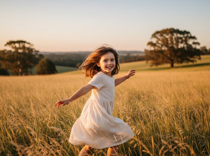 A vibrant and genuine moment of Chum Creek kids photography capturing genuine joy, showing a child laughing freely while running through a sun-dappled field near Chum Creek, with lush Victorian bushland in the background.