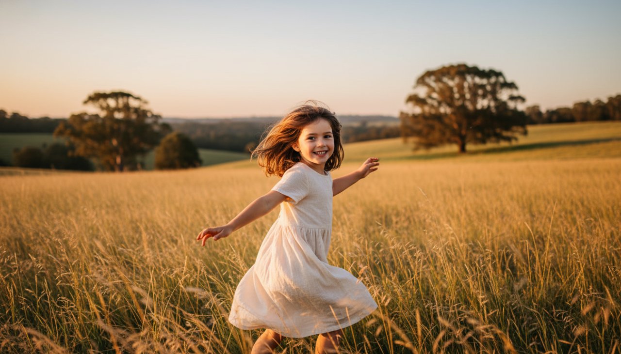 A vibrant and genuine moment of Chum Creek kids photography capturing genuine joy, showing a child laughing freely while running through a sun-dappled field near Chum Creek, with lush Victorian bushland in the background.