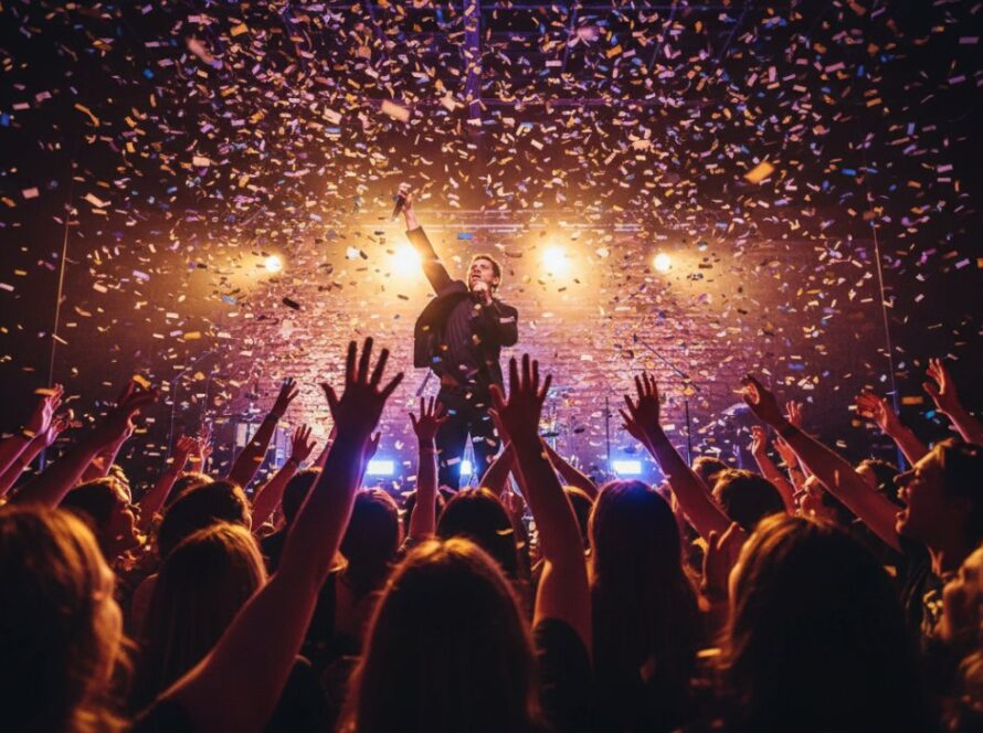An epic moment of a lead singer silhouetted against vibrant stage lights at a Chum Creek live music photography vibrance event, capturing the raw energy of a performance in the Yarra Valley.